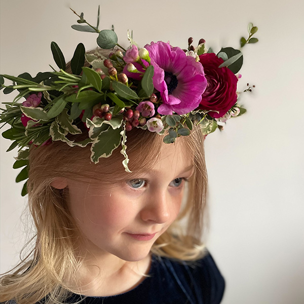 Flower crown by Bluebell Lane florist Cambridge
